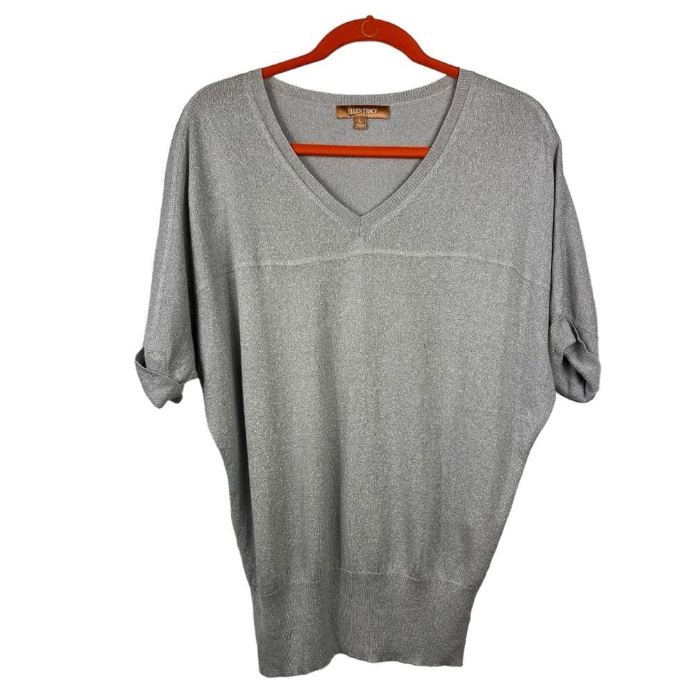 Ellen Tracy Silver Metallic Knit Top Large Short Sleeves V Neck Holiday